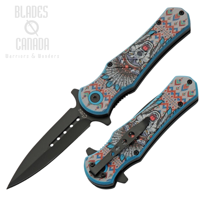 Rite Edge Headdress Flipper Folding Knife, Assisted Opening, Stainless Black, Wolf Handle Art, CN300603WF