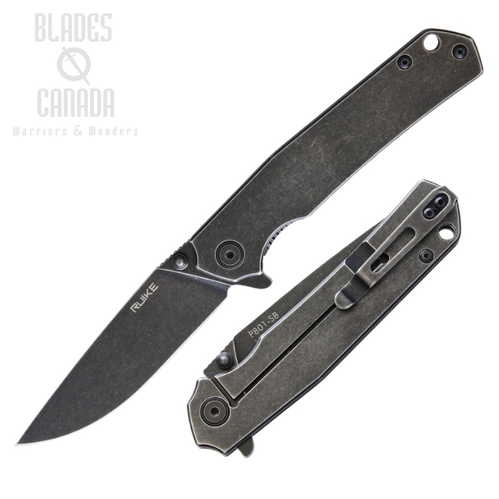 Ruike P801-SB Flipper Framelock Knife, 14C28N Black SW, Stainless Black Handle