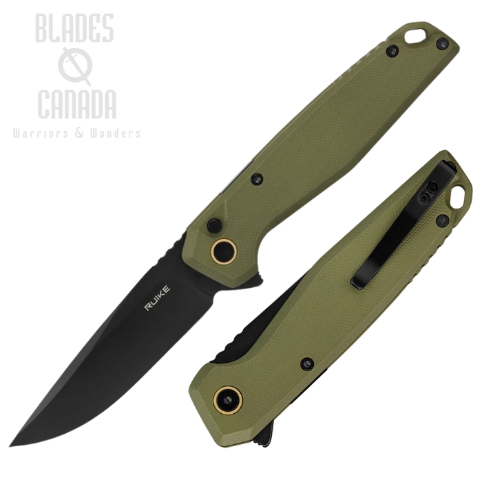 Ruike P873 Flipper Button Lock Knife, 14C28N Black SW, G10 OD Green, P873-G