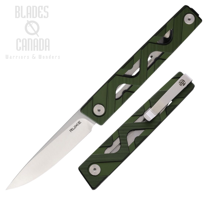 Ruike P878 Folding Knife, 14C28N Satin, Aluminum Green, RKEP878AG