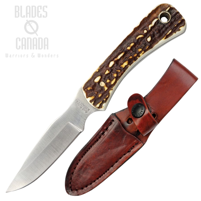 Schrade Uncle Henry Fixed Blade Knife, Stainless Satin, Staglon Handle, Leather Sheath, SCH1100092