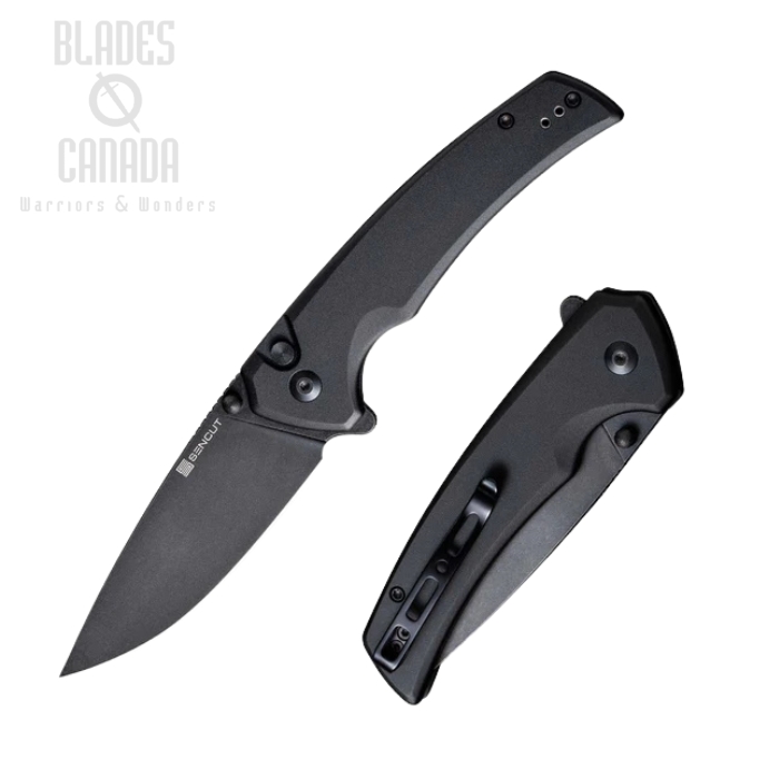 SENCUT Serene Flipper Button Lock Knife, D2 Black, Aluminum Black, S12022B-1