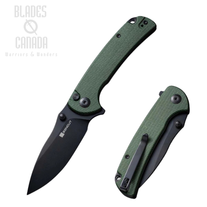 SENCUT Pulsewave Flipper Button Lock Knife, Black Blade, Micarta Green, S23032-3