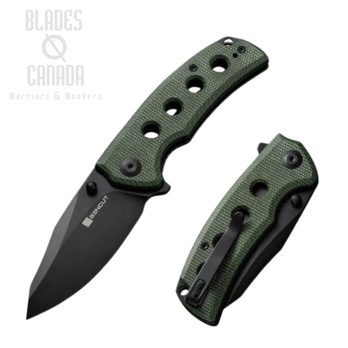 SENCUT Excalis Flipper Folding Knife, Black Blade, Micarta Green, S23068-3