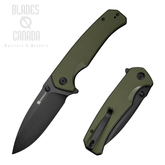 SENCUT Skarnax Flipper Folding Knife, Black Blade, G10 OD Green, S24025-2