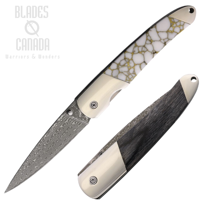 Santa Fe Stoneworks Folding Knife, Damascus, White & Gold Stone/Wood, SFDJS70WG (image for) Santa Fe Stoneworks Folding Knife, Damascus, White & Gold Stone/Wood, SFDJS70WG
