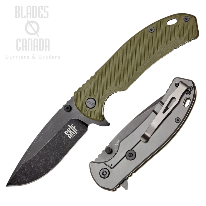 SKIF Sturdy Flipper Framelock Knife, Black Stonewash Blade, G10 Olive/Stainless, SKF420SEBG