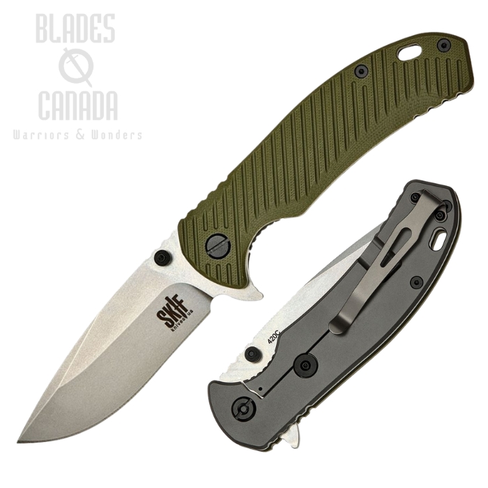 SKIF Sturdy Flipper Framelock Knife, Stonewash Blade, G10 Olive/Stainless, SKF420SEG