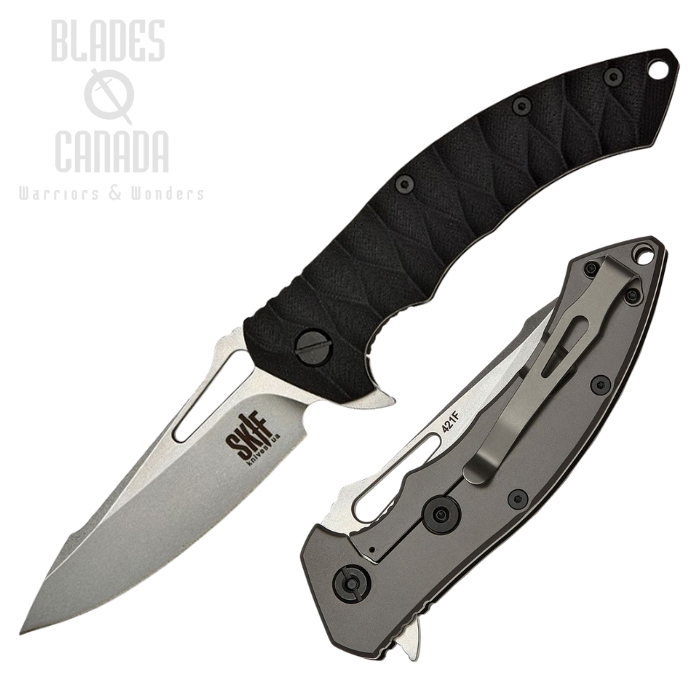 SKIF Shark Flipper Framelock Knife, Stonewash Blade, G10 Black Sculpted/Stainless, SKF421SE