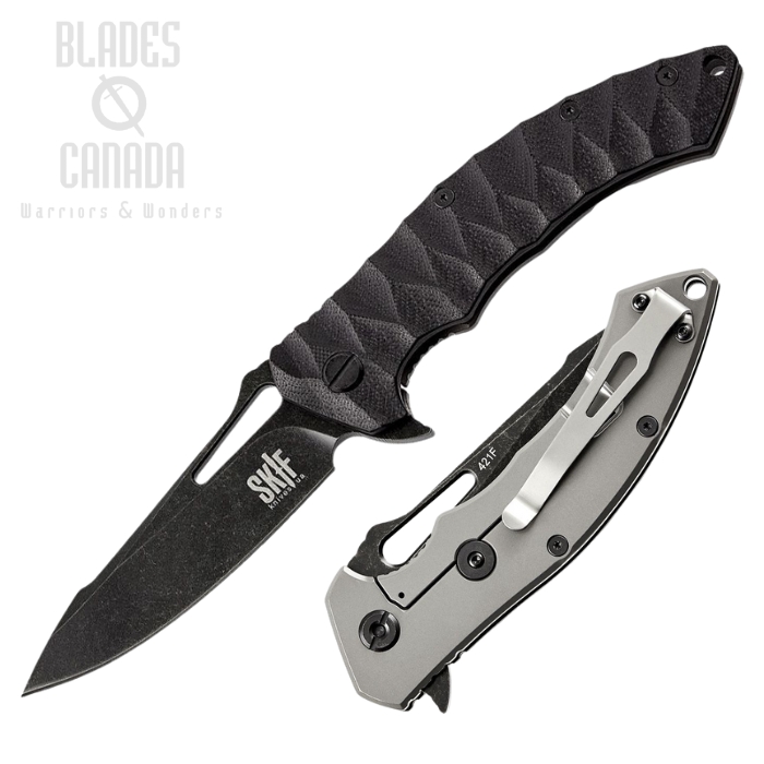 SKIF Shark Flipper Framelock Knife, Black Stonewash Blade, G10 Black Sculpted/Stainless, SKF421SEB