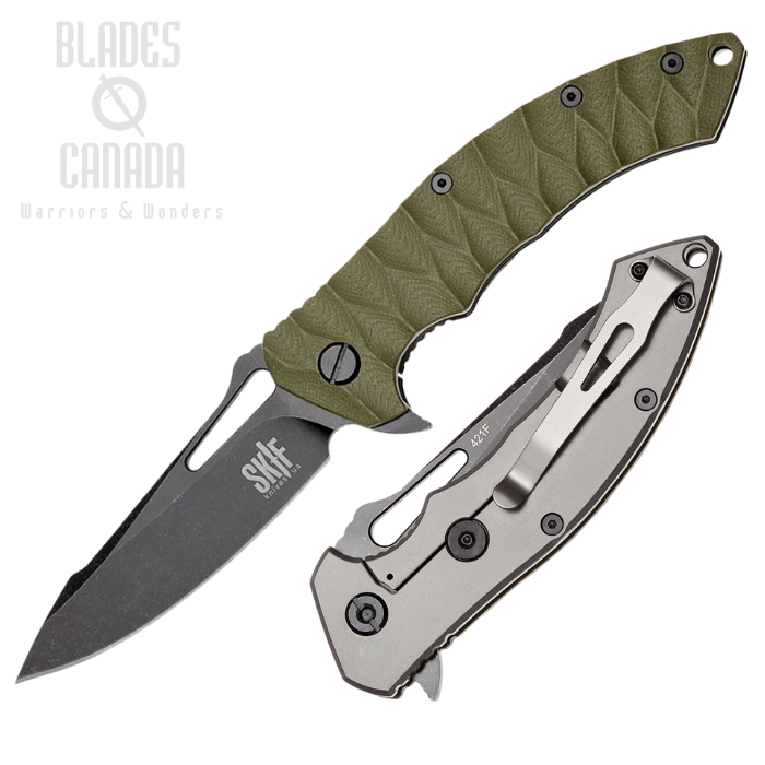 SKIF Shark Flipper Framelock Knife, Black Stonewash Blade, G10 Olive Sculpted/Stainless, SKF421SEBG