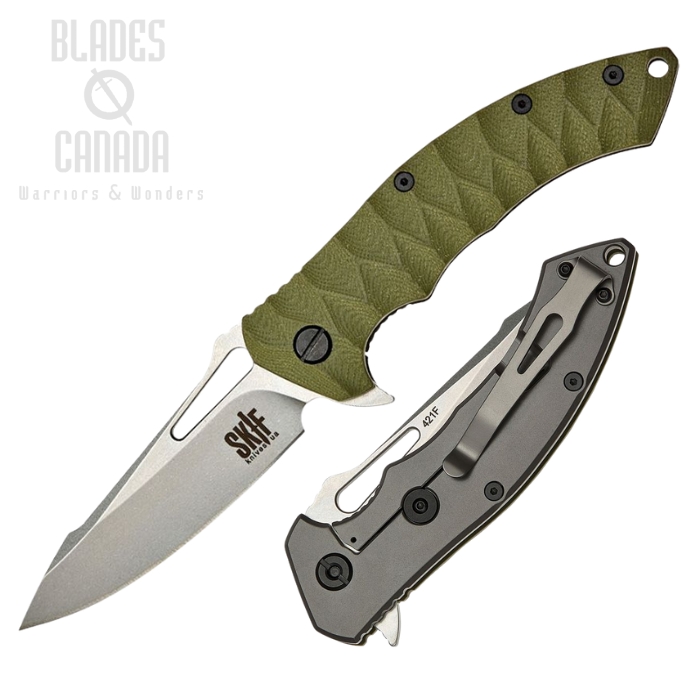 SKIF Shark Flipper Framelock Knife, Stonewash Handle, G10 Olive Sculpted/Stainless, SKF421SEG