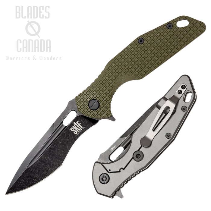 SKIF Defender Flipper Framelock Knife, Black Stonewash Blade, G10 OD Green Textured/Stainless, SKF423SEBG