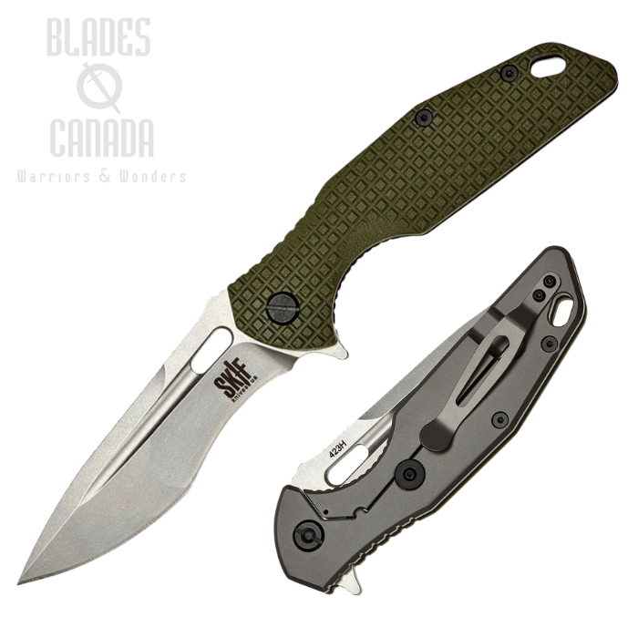 SKIF Defender Flipper Framelock Knife, Stonewash Blade, G10 OD Green Textured/Stainless, SKF423SEG