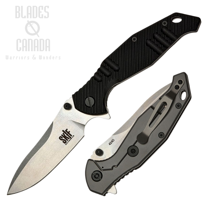 SKIF Adventure Flipper Framelock Knife, Stonewash Blade, G10 Black Sculpted/Stainless, SKF424SE