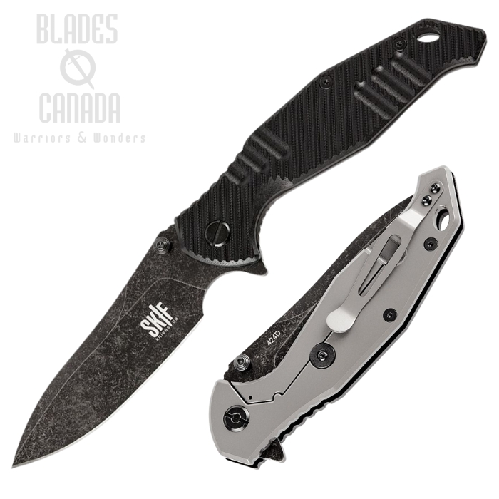 SKIF Adventure Flipper Framelock Knife, Black Stonewash Blade, G10 Black Sculpted/Stainless, SKF424SEB