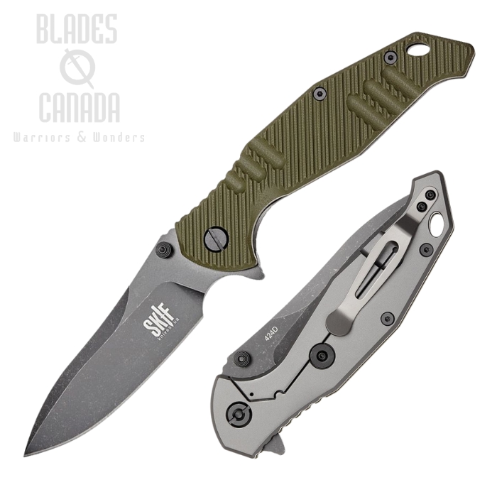 SKIF Adventure Flipper Framelock Knife, Black Stonewash Blade, G10 Olive/Stainless, SKF424SEBG