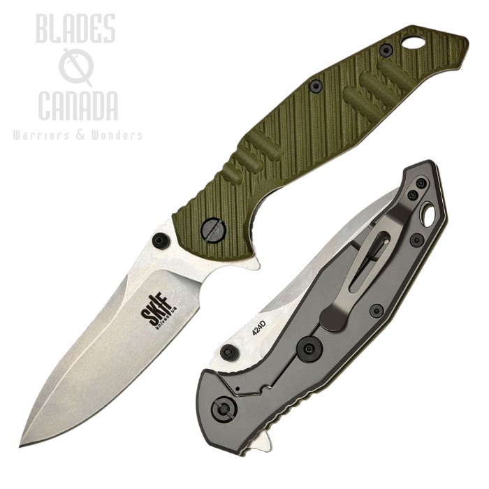 SKIF Adventure Flipper Framelock Knife, Stonewash Blade, G10 Olive Sculpted/Stainless, SKF424SEG