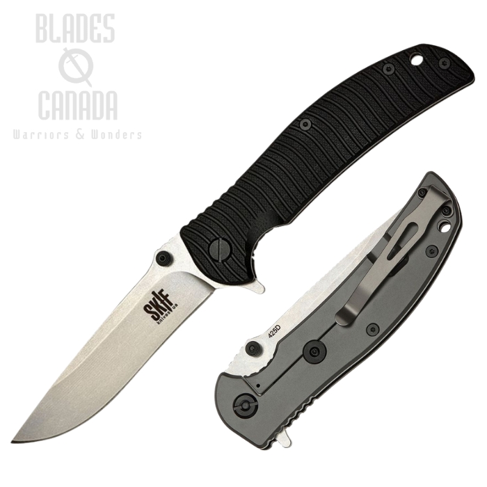 SKIF Urbanite Flipper Framelock Knife, Stonewash Blade, G10 Black Textured/Stainless, SKF425SE