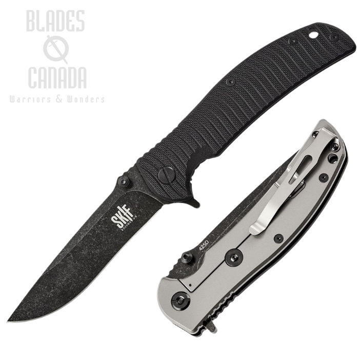 SKIF Urbanite Flipper Framelock Knife, Black Stonewash Blade, G10 Black Textured/Stainless, SKF425SEB