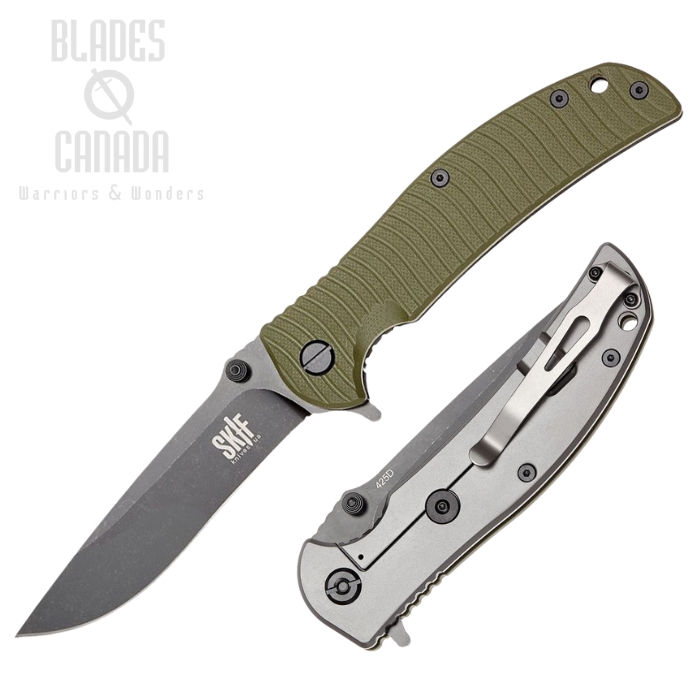 SKIF Urbanite Flipper Framelock Knife, Black Stonewash Blade, G10 OD Green Textured/Stainless, SKF425SEBG