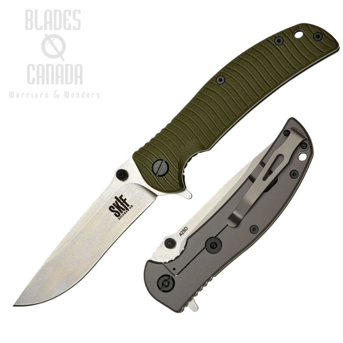 SKIF Urbanite Flipper Framelock Knife, Stonewash Blade, G10 Olive Textured/Stainless, SKF425SEG