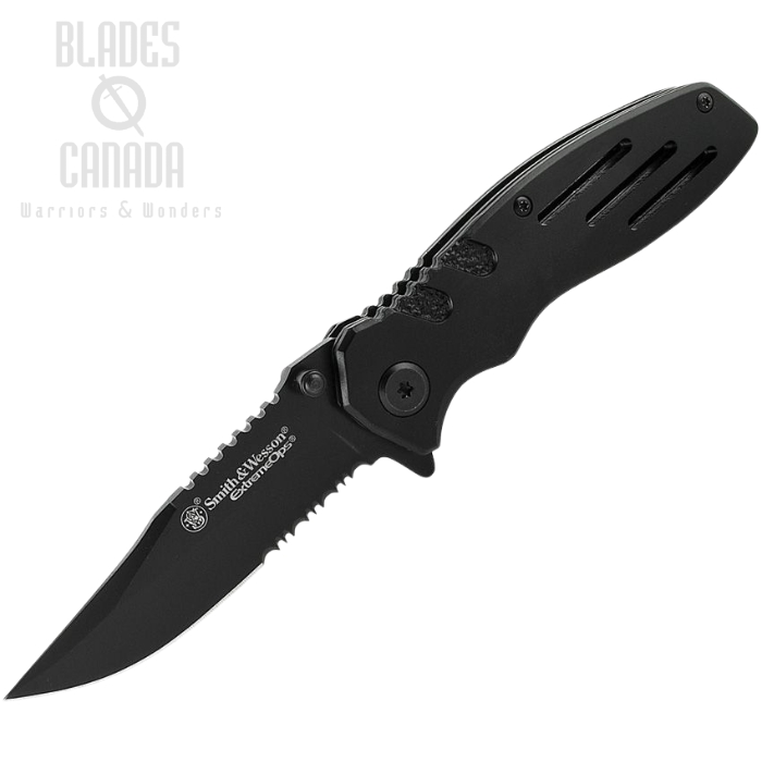 Smith & Wesson Extreme Ops Flipper Folding Knife, Stainless Black Partially Serrated, Aluminum Black, SWA24S