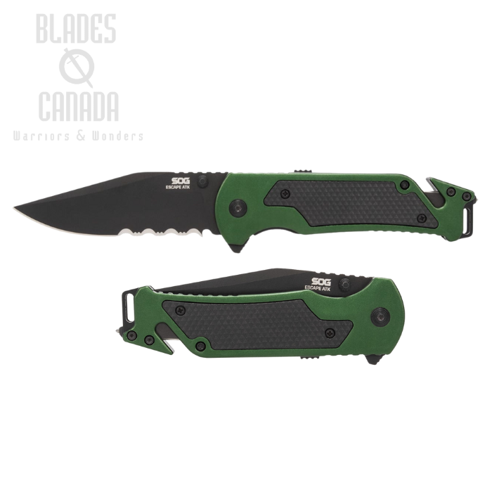 SOG Escape ATK 2.0 Flipper Folding Knife, Assisted Opening, AUS-8 Black Partially Serrated, Aluminum Green, 11-52-01-43