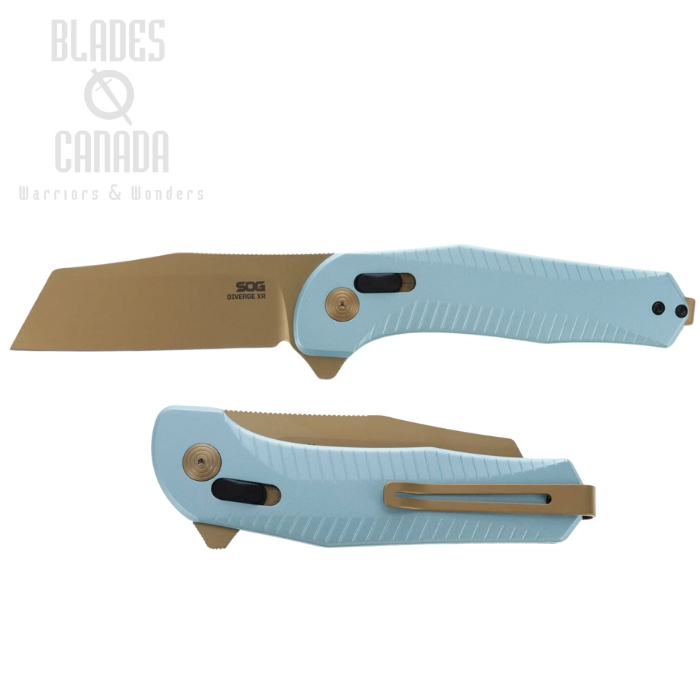 SOG Diverge XR Folding Knife, D2 Gold Sheepsfoot, Aluminum Light Blue, 12-02-02-43