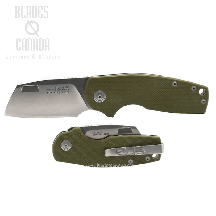 SOG Stout FLK Flipper Folding Knife, D2 Cleaver SW, G10 OD Green, 14-03-11-57