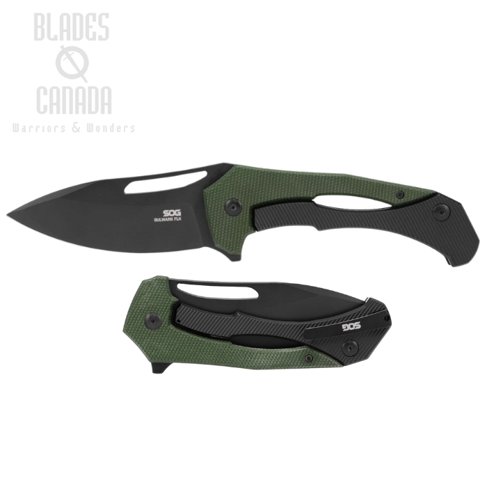 SOG Bulwark FLK Folding Knife, D2 Black, Micarta OD Green/Black, SOG-14-24-02-57