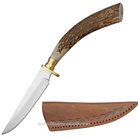 Damascus 7018 Hunter Fixed Blade Knife, Stag Handle, Leather Sheath, SS7018 (image for) Damascus 7018 Hunter Fixed Blade Knife, Stag Handle, Leather Sheath, SS7018