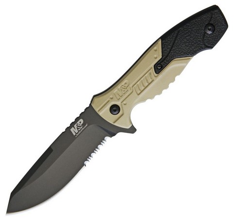 Smithh & Wesson M&P Fixed Blade Knife, Stainless Black Partially Serrated, Black/Brown, SWMPF2CS