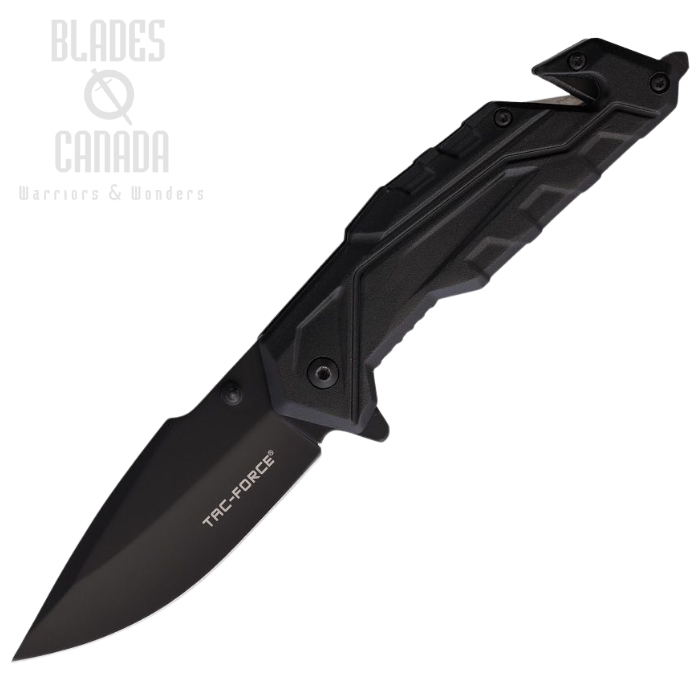 Tac Force Flipper Folding Knife, Stainless Black, Aluminum Black, Glass Breaker/Belt Cutter, TF2004BK