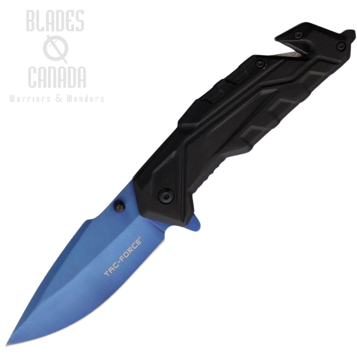 Tac Force Flipper Folding Knife, Stainless Blue, Aluminum Black, Glass Breaker/Belt Cutter, TF2004BL