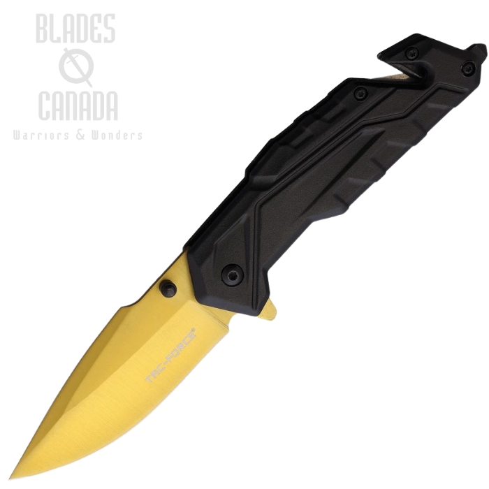 Tac Force Flipper Folding Knife, Stainless Gold, Aluminum Black, Glass Breaker/Belt Cutter, TF2004GD