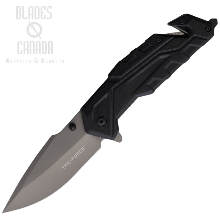 Tac Force Flipper Folding Knife, Stainless Gray, Aluminum Black, Glass Breaker/Belt Cutter, TF2004GY