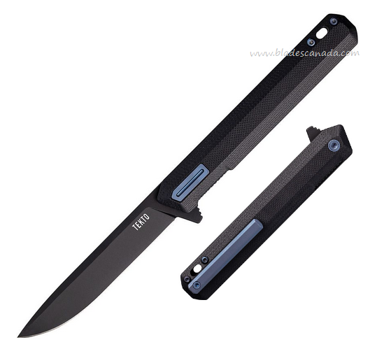 Tekto F2 Bravo Flipper Folding Knife, D2 Black, G10 Black w/Blue Ti Accents, TKTF2GBKBK2