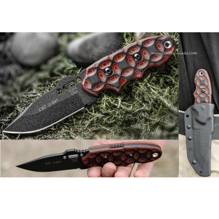 TOPS 200H-02 Fixed Blade Knife, 1095 Carbon, G10 Red/Black, 200H02