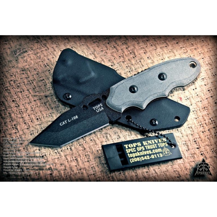 TOPS 203 Fixed Blade Knife, 1095 Carbon, Kydex Sheath, 203