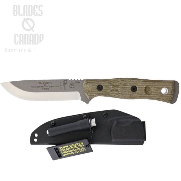 TOPS Fieldcraft B.O.B. Fixed Blade Knife, 154CM Tumble Finish, Micarta Green, Kydex Sheath, BROS-154GCM