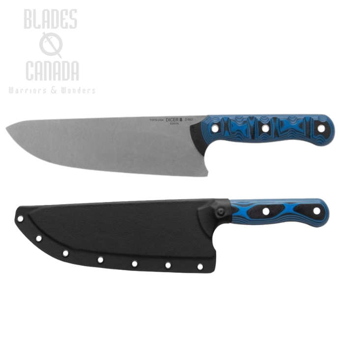 TOPS Dicer 8 Chef Knife, CPM S35VN Tumble Finish, Micarta Black/G10 Blue, DCR8-01