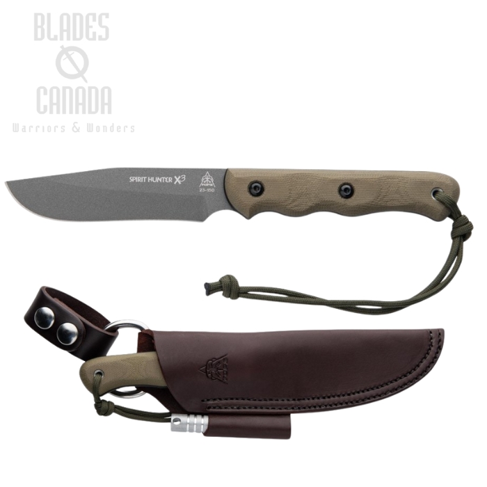 Tops Spirit Hunter X3 Fixed Blade Knife, 1095 Tungsten Cerakote, Micarta Green/Black, Leather Sheath, SHR-03