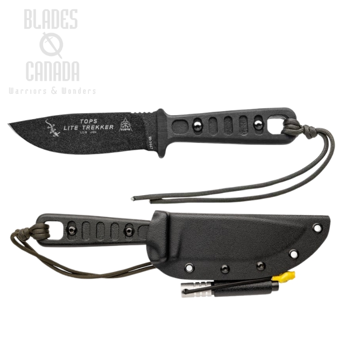 TOPS Lite Trekker Fixed Blade Knife, 1095 Black Traction, Micarta Black, Kydex Sheath, TLT-OB