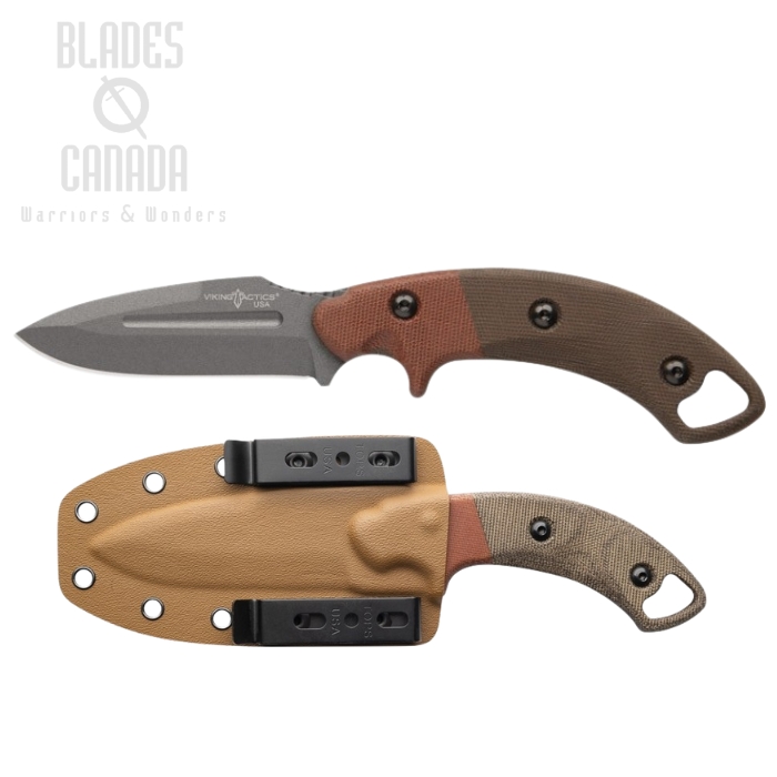 TOPS Viking Tactics Crusader Fixed Blade Knife, 1095 Tungsten Cerakote, Micarta Green/Tan, Kydex Sheath, VTAC-06