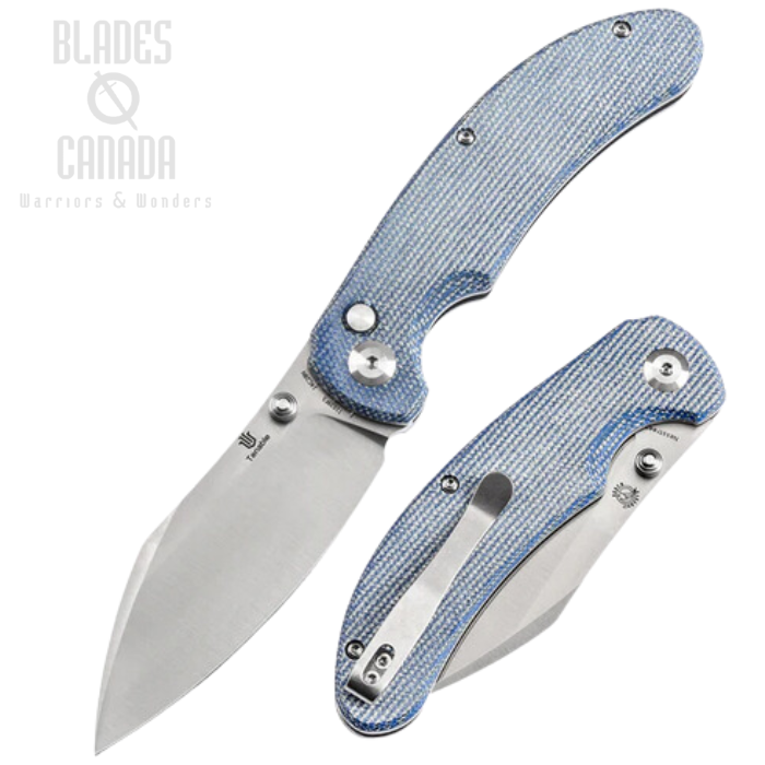 Tenable Nesstreet Button Lock Folding Knife, 14C28N Satin, Micarta Blue, T1039F5