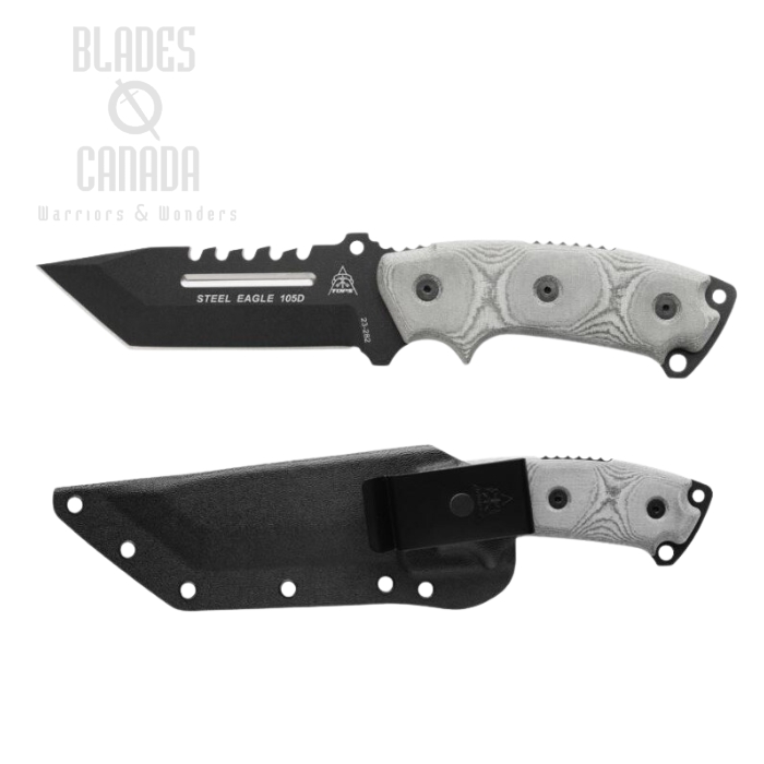 TOPS Steel Eagle Tanto Point Sawback Fixed Knife, 1095 Carbon, Black Micarta, Kydex Sheath, SE105D