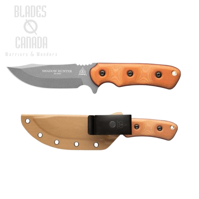 TOPS Shadow Hunter Fixed Blade Knife, Tungsten 1095 Carbon, Tan Micarta, Kydex Sheath, SWHR-01