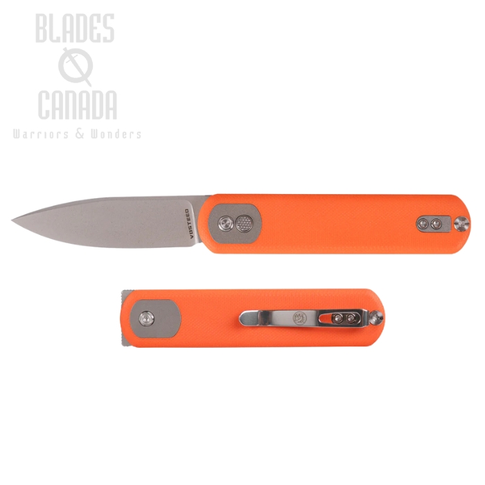 Vosteed Corgi Pup Trek Lock Flipper Folding Knife, 14C28N Stonewash, G10 Orange, A0731