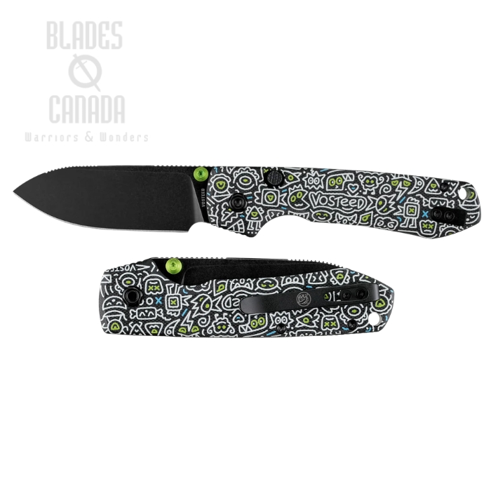 Vosteed Raccoon Button Top Liner Lock Folding Knife, 14C28N Black SW, G10 Doodle Monster, A2934 (image for) Vosteed Raccoon Button Top Liner Lock Folding Knife, 14C28N Black SW, G10 Doodle Monster, A2934